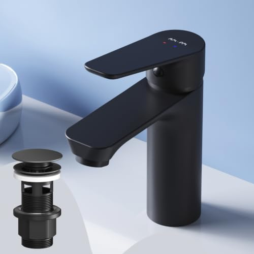 AM.PM Hit Waschtischarmatur mit Klick-Ablaufgarnitur, SoftMotion Keramikkartusche 35mm, Neoperl Aerator, kratzfest, leicht zu reinigen, Shwarz, 5 Jahre Garantie (FTA82222)
