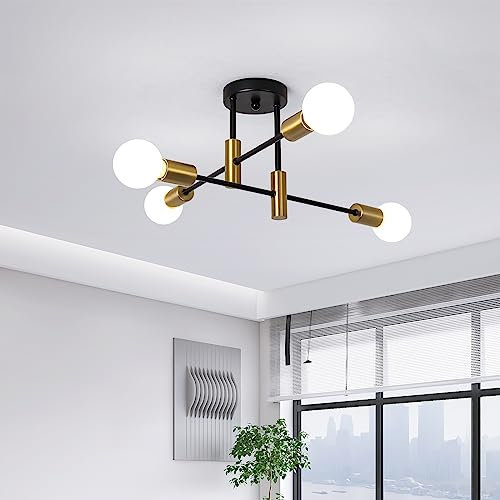 JIINOO Modern Sputnik Chandelier, 4-Light Mid Century Semi Flush Mount Ceiling Light Fixture for Bedroom, Dining Room, Living Room, Kitchen, Office,Black+Gold