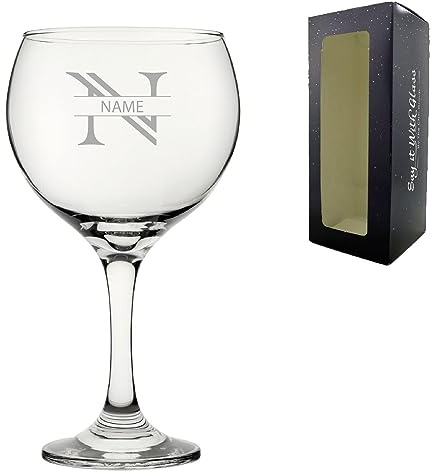 Personalised Engraved Initial with Name Cubata Gin and Cocktail Glass, Gift for Women, Mum, Grandma, Holds 640ml or 22.5oz Cubata Gin Balloon, Striped Font, Engraved in The UK
