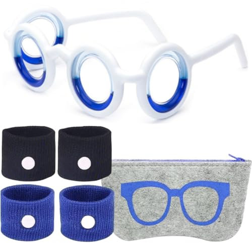 Motion Sickness Glasses，6pcs Travel Sickness Bands & Glasses for Adults & Kids - No Lens Anti Nausea Relief for Car Air Sea Sickness, Vertigo Aid with Portable Pouch