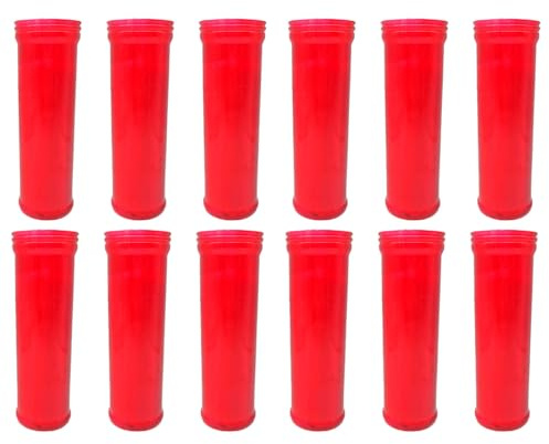 Tradineur - Pack de 12 velones de santo, velas litúrgicas de parafina y cera vegetal, decoración de iglesias, cementerios, tumbas (Rojo, 21,5 cm)