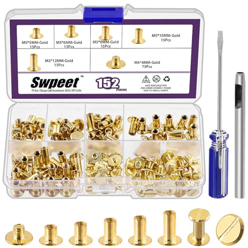 Sweet 152 viti dorate M5 x 5mm, rivetti in pelle assortiti con perforatore e cacciavite, viti a testa piatta per fai da te in pelle e rilegatura di libri