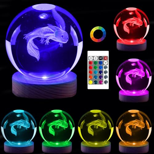 Genyerl Axolotl, lampada notturna in cristallo 3D, 16 colori LED con telecomando, sfera di cristallo K9 da 8,9 cm, vetro trasparente unico, regalo per ragazzi e ragazze