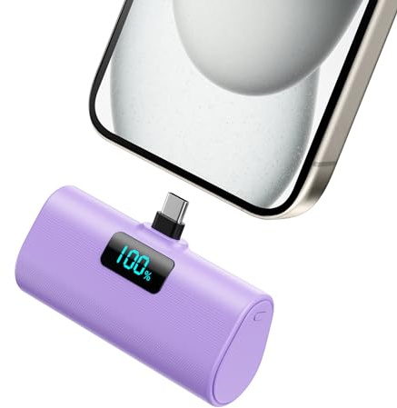 Batterie Externe pour iPhone 17/16/15 Series, 5200mAh USB C Power Bank à Charge Rapide, Ultra-Compact et Léger Batterie Portable Écran LCD Chargeur Portable pour iPhone 17/16/15 Pro Samsung (Violet)