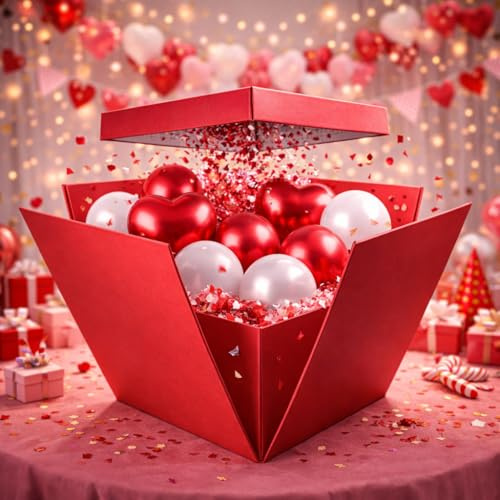 CHIANESE Scatola Regalo a Sorpresa Box Surprise per Palloncini 50x50x50 cm Rossa, Scatola San Valentino, Anniversari e Proposte di Matrimonio, Explosion Box per Festa di Laurea e