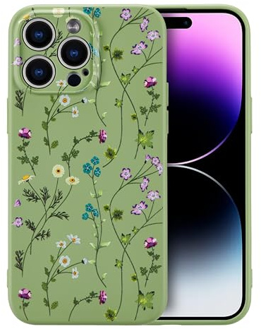RALEAVO Flower Case for iPhone 14 Pro Max, Liquid Silicone Shockproof Protection Case Cover for Girls Women with Aesthetic Cute Floral Patterns Soft Slim Phone Case for iPhone 14 Pro Max 6.7-Green