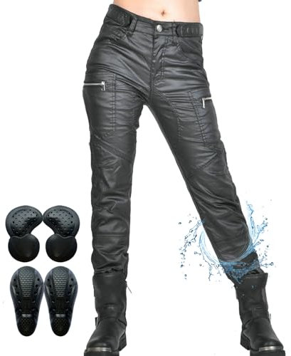 SHUOJIA Pantalon de Moto pour Femme, Jean de Moto Avec Revêtement Imperméable Avec Protections, Vêtements de Moto Extensibles, Jean à Poches Multiples (Black-A,M)