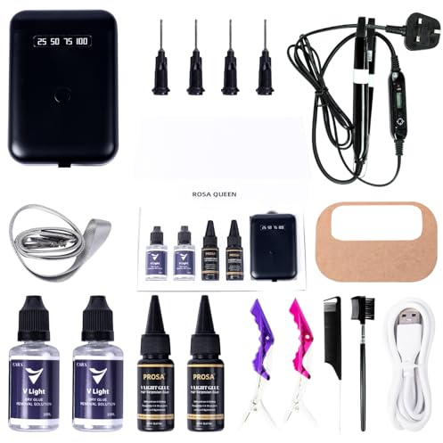 V Light Hair Extensions Kit Mini V Light Hair Extension Set With V Light Lamp*1 V light glue*4 Hair Extensions Remover*4 VLight Remover Machine*1 comb*1 clip*2 for Salon Hairstyles(Black machine set)