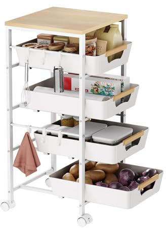 Landmok Küchenwagen mit 5 Ebenen & Schubladen, Aufbewahrungswagen aus Metall mit Holzplatte, Belüfteten Körben und Rollen, Snack-Organizer für Obst, Gemüse und Mikrowelle (32,5x36,5x82 cm, Weiß​​)