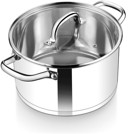 Herogo Suppentopf aus Edelstahl, 5,6 l, mit transparentem sichtbarem Deckel, 24 cm Induktions-Suppentopf für Suppe, dreilagiger Boden für alle Herde, robust zum Schmoren/Kochen, U-förmiger Griff