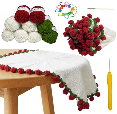 Cvkwe Crochet Flower Bouquet Rose Blanket, 70cm Flower Blanket DIY Crochet Kit with Yarn and Tools Instruction, Rose Bouquet Knitting Kit for Beginners, Lovers, Home Décor & Thoughtful Gifts