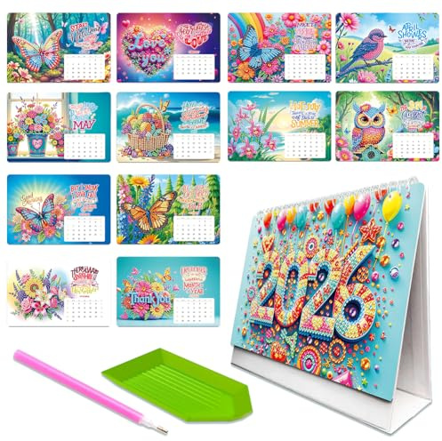 Aodejoy Diamond Painting Kalender 2026,Diamantmalerei Tischkalender zum Aufstellen,Diamant Malerei Weihnachten Schreibtisch Kalender,Jan 2026 - Dez,12 Monatskalender,Geschenk -Bunt