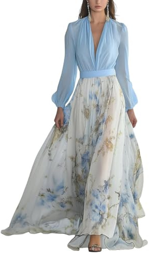 Minetom Femme Robe De Soirée Chic Longue Col V À Fleur Mousseline Manches Longue Maxi Dress Plage D'Été Cocktail Mariage Robe De Demoiselle d'honneur