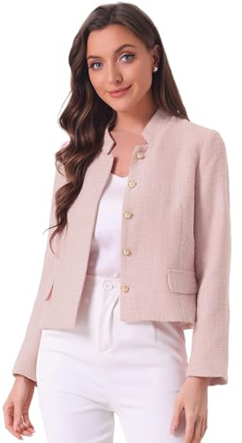 Allegra K Blazer Corto da Ufficio in Tweed Scozzese da Donna, a Maniche Lunghe, con Bottoni Decorativi Rosa XL