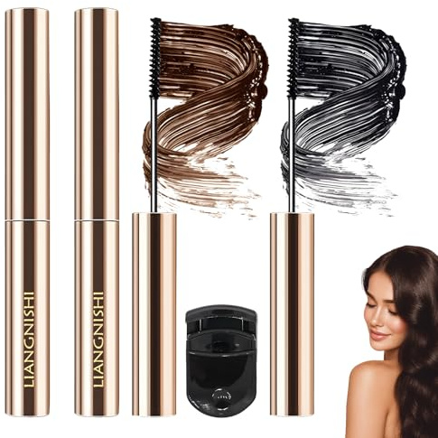 Wimperntusche für Ältere Frauen 4 Pcs Mascara mit Metallbürste Wasserfest & Schweißfest, Iron Eye Mascara Braun/Schwarz + 1 Wimpernzange
