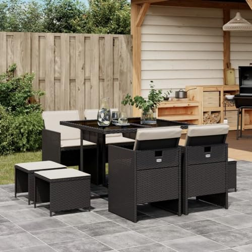Mokuyary Grupo de comedor de jardín de 9 piezas con cojín, negro, poliratán, mesa de comedor, comedor, impermeable, muebles de balcón para porches, patios, terrazas, material de escritorio, vidrio