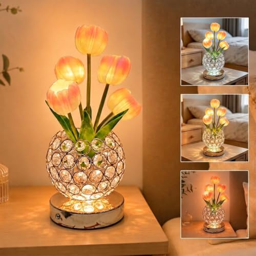 PHOEWON Lámpara de Mesa LED con Tulipanes de Cristal, 3 Colores | Atenuación Infinita, Carga USB, Lámpara Ambiental para Dormitorio, Regalo Romántico para Mujeres