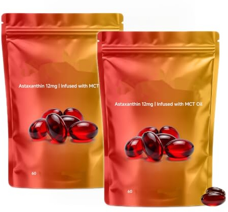 Astaxantin 12 mg med Mct-olja | Antioxidantstöd | 2 månaders förbrukning | För stöd av hud, ögon, hjärta, immunförsvar och leder | Färsk mikroalgkälla | Liposomantioxidant