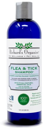 Richard’s Organics Flea and Tick Shampoo for Dogs – 100% All-Natural Actives Kills Fleas, Ticks and Repels Mosquitos – Gentle, Won’t Dry Skin, Great Smelling Essential Oils (12oz bottle),FG00440