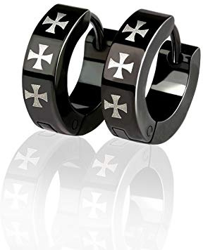 BlackAmazement 2er Set 316L Edelstahl Klapp Creolen Ohrringe Kreuz Cross Templer silber grün schwarz Biker Herren (Schwarz)