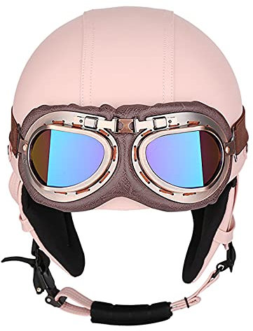 Vintage-Look Leder Motorrad Jethelm offener Mopedhelm Oldtimer Urban Style Street Jet-Helm Roller-Helm Scooter-Helm,mit Brille,für Erwachsene Männer und Frauen,ECE-Zulassung,Rosa,L