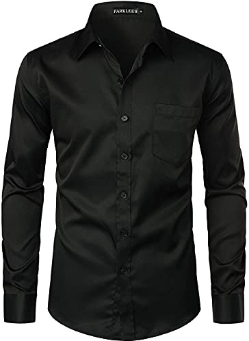 PARKLEES Men's Urban Stylish Casual Business Slim Fit Long Sleeve Button Up Dress Shirt with Pocket Black M
