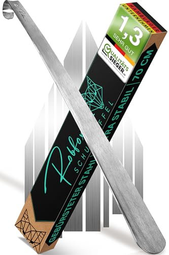 Robfox 70cm Schuhlöffel I extra stabiler Schuhanzieher aus gebürstetem Stahl I lange Schuhanziehhilfe I Rückenschonender Schuh Löffel in Premium Qualität (Silber)