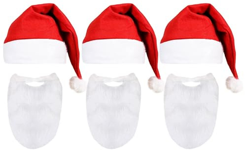 Set med jultomte för vuxna – röd filt jultomtemössa + vitt tomteskägg – far jul maskeradkläder tillbehör set (paket med 1)