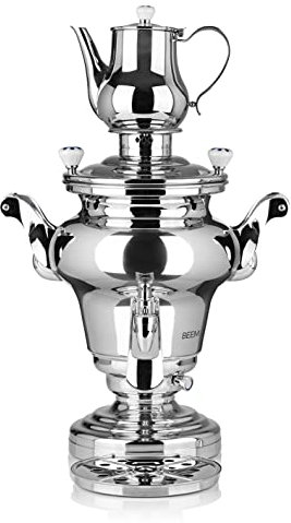 BEEM SORAYA+ 07345 Samovar Bouilloire turque électrique, 10 l, en acier inoxydable, 3000 W, avec passoire, 1,6 l, bouilloire de 10 l, distributeur avec commande à une main et bac d'égouttement