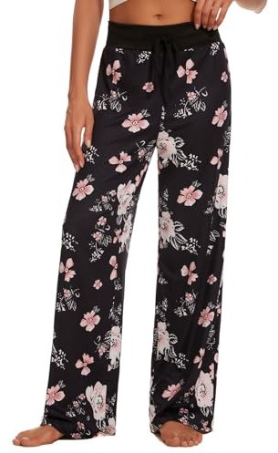 AMYTIS Damen Yogahose Stretch Freizeithose Bequeme Pyjamahose Schlafanzughose Lang Leichte Lounge Hose Hausanzug Hosen Relaxhose Sommerhose Weites Bein