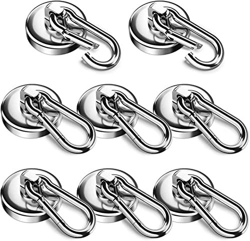 FINDMAG 8 Pack Magnetic Hooks, 45.5 KG(100 LBS) Strong Magnet Hooks Heavy Duty, Super Strong Neodymium Magnets with Swivel Carabiner Snap Hook for Indoor/Outdoor Hanging Camping Kitchen