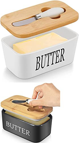 Large Ceramic Butter Dish with lid and Knife with Holder, Porcelain Butter Keeper, Butter Container, Air Tight (White)