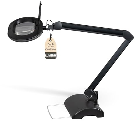 Lumeno 8615SW Lampe loupe avec grande lentille ovale 110x150 mm, 60 LED à intensité variable sur 2 niveaux, parfaite comme aide à la lecture, pour la cosmétique, 5 dioptries noir avec trépied de table