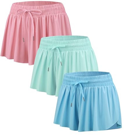 Pantalones cortos de correr para mujer, 2 en 1, atléticos, gimnasio, yoga, entrenamiento, sudor, elastano, mariposa, motociclista, ropa de descanso de verano, A-sky Blue Lignt Green Pink, S