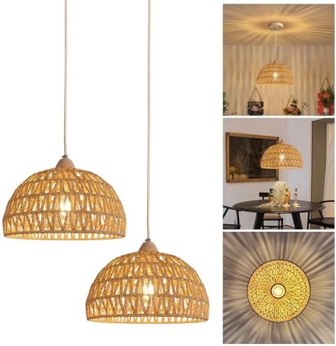 YNDD 2Pack Rotin Lampe Suspendue, Boho Corde Chanvre Suspensions, Pays Vintage E27 Lustre avec Réglable en Hauteur, Rétro Tressé Restaurant Luminaire pour Chambre Salle à Manger Couloir Cuisine Ø 30cm