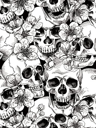 Auspicium Sugar Skull Floral Peel and Stick Tapete Schwarz/Weiß Vinyl selbstklebende Tapetefür Schlafzimmer Möbel Papier abnehmbare Wanddekorationen 17,3in x 118in, 14,2 Quadratfuß/Rolle