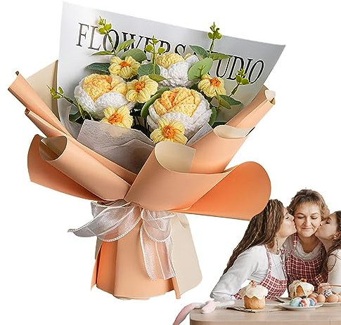 Gehäkelter Blumenstrauß, handgemachter gestrickter Rosenstrauß aus künstlichen Blumen, getrocknete Blumen, handgewebter Rosenstrauß als Dekoration für Geburtstag, Hochzeit, handgefert er g