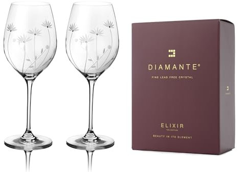 DIAMANTE Universal Crystal Glass Wine Glasses - Bloom - Hand Cut Floral Pattern Embellished with Crystals Set of 2 in Gift Box