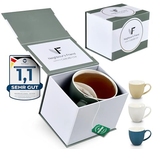 Neighbour's Friend Patentierte Teetasse grau Geschenk Box I Keramik Tasse groß 325ml I Teebecher Steingut I Keramiktasse für Tee I Spülmaschinengeeignete Teetassen I Modernes Design für Teetrinker