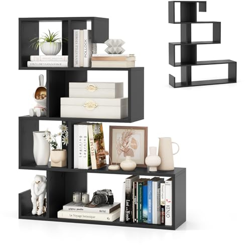 HOMASIS Bücherregal mit 5 Ebenen, S-Form Standregal mit offen Ablagen, Aufbewahrungsregal Holz, Stufenregal Treppenregal mit Kippschutz, Raumteiler für Wohnzimmer Arbeitszimmer, 80x22x100cm (Schwarz)