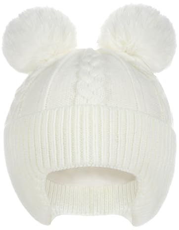Creekstone Baby Beanie Hüte Kleinkind Bommelmütze, Warm, Weiche, mit Fleece Gefüttert, Kinder-Wintermütze für Baby, Mädchen, Jungen (DE/NL/SE/PL, Alter, 0 Monate, 6 Monate, Weiß)