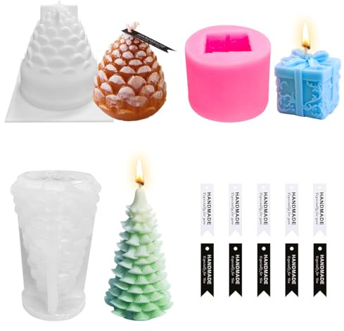 Kerzenformen Silikon, 3PCS Kerzengießform Weihnachten, Silikonformen Gießformen Weihnachten, Kerzenform Weihnachtsbaum mit 10 Etiketten für DIY Duftkerze, Handarbeit Ornamentt