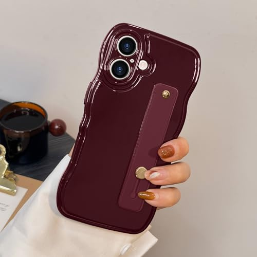 LAPOPNUT for iPhone 16 Case Curly Wave Wrist Strap Kickstand,Wine Red