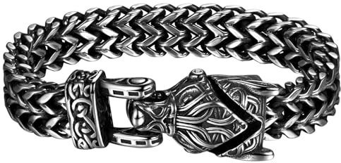 Flongo Wikinger Biker Armband für Herren : Edelstahl Adler Wolf Auto Motorräder Schlange Tier Gothic Punk Große Armkette Norwegian Amulett Glücksbringer