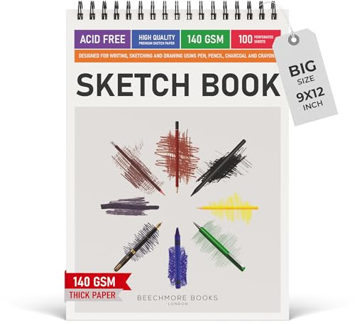 BEECHMORE BOOKS 9x12 Spiral Bound Sketchbook - 100 Perforated Sheets 140 GSM (95lb) Acid-Free White Paper, Premium Professional Artist Sketch Pad, Art Supplies for Adults Students Drawing Notebook