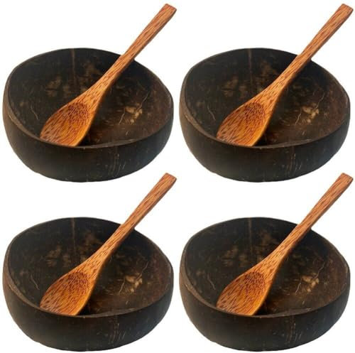 Juego de utensilios de cocina, cuencos, cuencos de coco natural, paquete de 4 cuencos de coco con 4 cucharas de madera, juego de vajilla con cuencos de coco livianos, duraderos y fáciles de limpiar