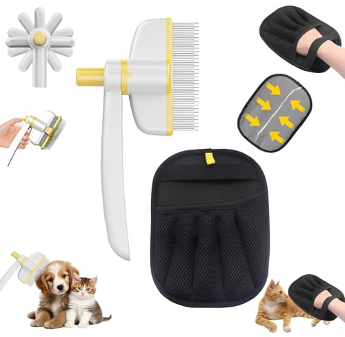 2 Stück Katzenbürste & Tierhaarentferner Handschuht, Fell Magnet Handschuh mit Selbstreinigende Fellblitz Bürste Katze, Ideal für Langhaarkatzen und Kurzhaarkatzen, Entfernt lose Haare (Gelb)