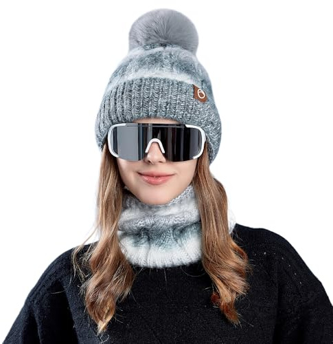YIGOOWN Damen Mütze Winter Schal und Mütze set Warm Beanie Wintermütze Strickmütze mit Schal für Herbst Winter mit Bommel