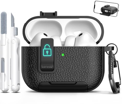 MHYALUDO Compatibile con AirPods Pro 3 Case, Cover Airpods Pro 3 | Materiale TPU con Texture in pelle, Porta di ricarica antipolvere e funzione di supporto per Airpods Pro 3 Custodia, Nero-2