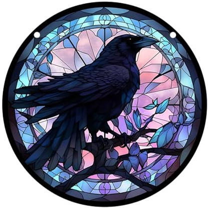 Ravens Stained Glass Window Hangings Crow Decorations For Halloween Bird Suncatchers For Window Balconies Yard Wall Colorful Glass Panel